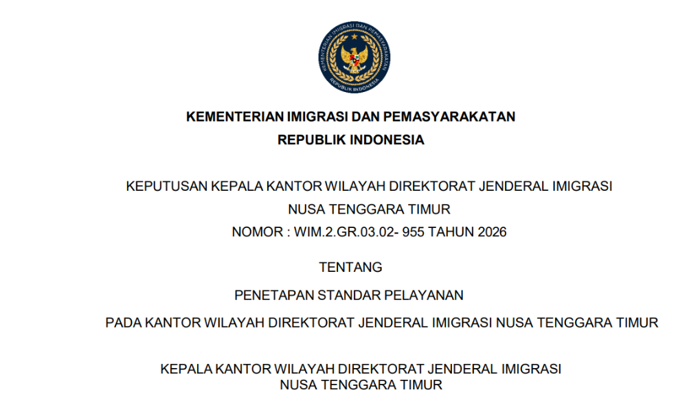 Cover Standar Pelayanan Kanwil Ditjen Imigrasi NTT